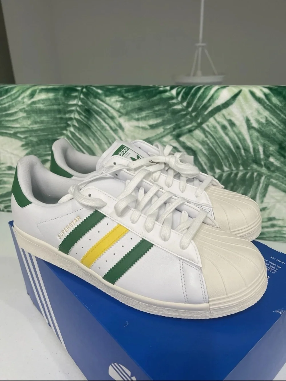 adidas superstar golf shoes White Sneakers with Green & Yellow Stripes